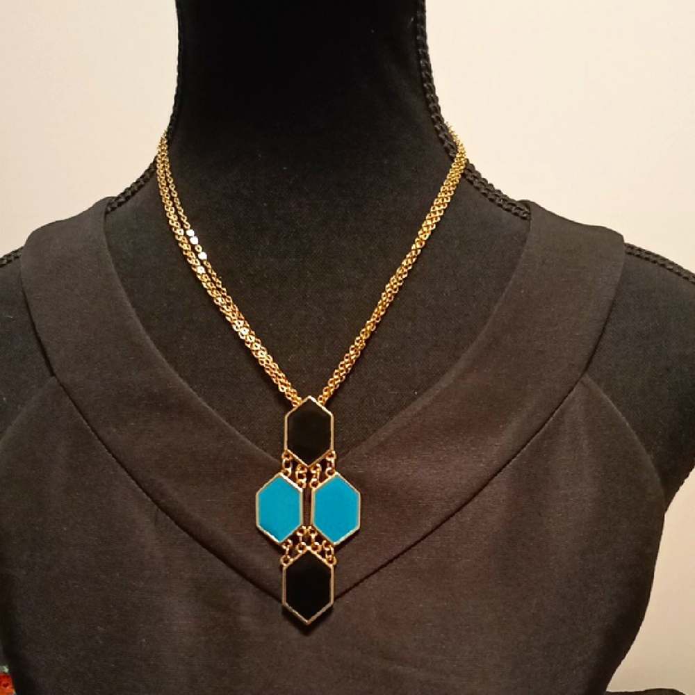 Stunning Gold Multi chain Black & Turquoise Enamel Charm Necklace